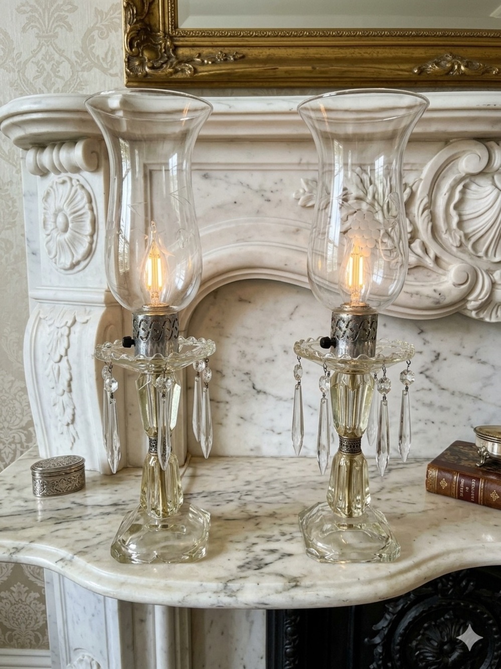 Crystal Glass Table Lamps with Clear Chimneys - Pair